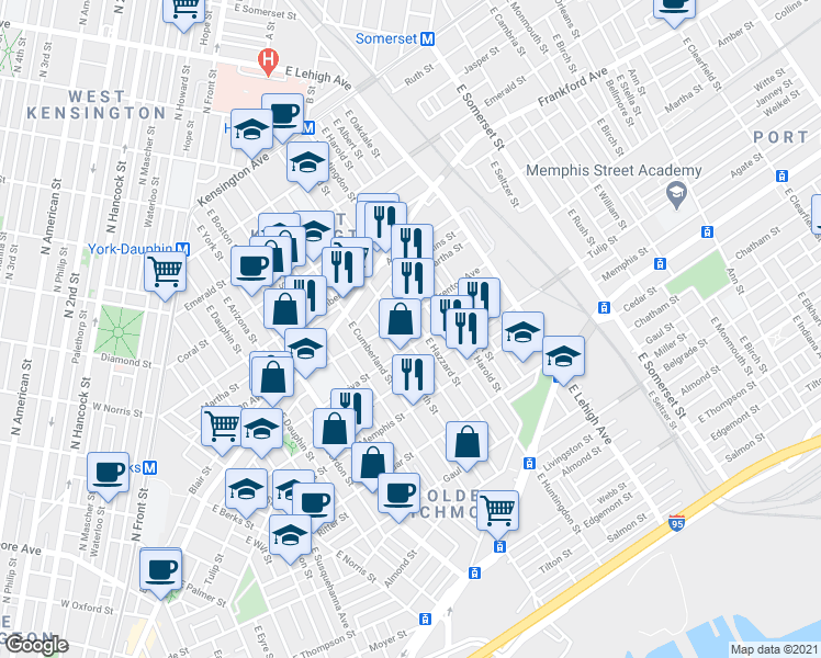 map of restaurants, bars, coffee shops, grocery stores, and more near 2551 Trenton Avenue in Philadelphia