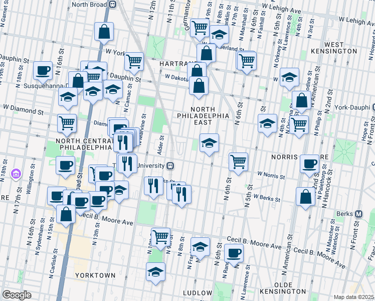 map of restaurants, bars, coffee shops, grocery stores, and more near 2027 North 9th Street in Philadelphia