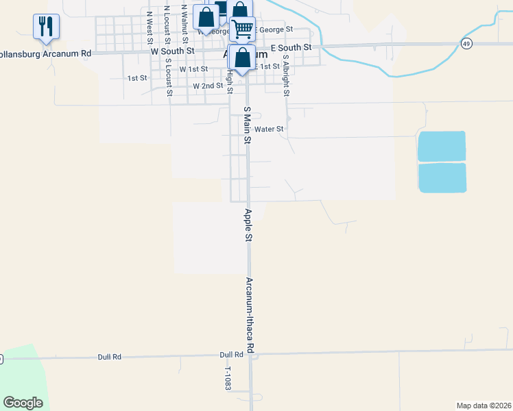 map of restaurants, bars, coffee shops, grocery stores, and more near 2239 County Highway 109 in Arcanum