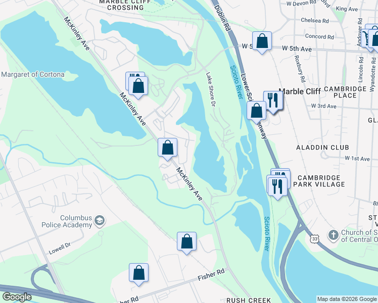 map of restaurants, bars, coffee shops, grocery stores, and more near 1364 Bayshore Drive in Columbus