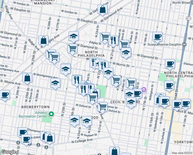 map of restaurants, bars, coffee shops, grocery stores, and more near 1834 North 22nd Street in Philadelphia