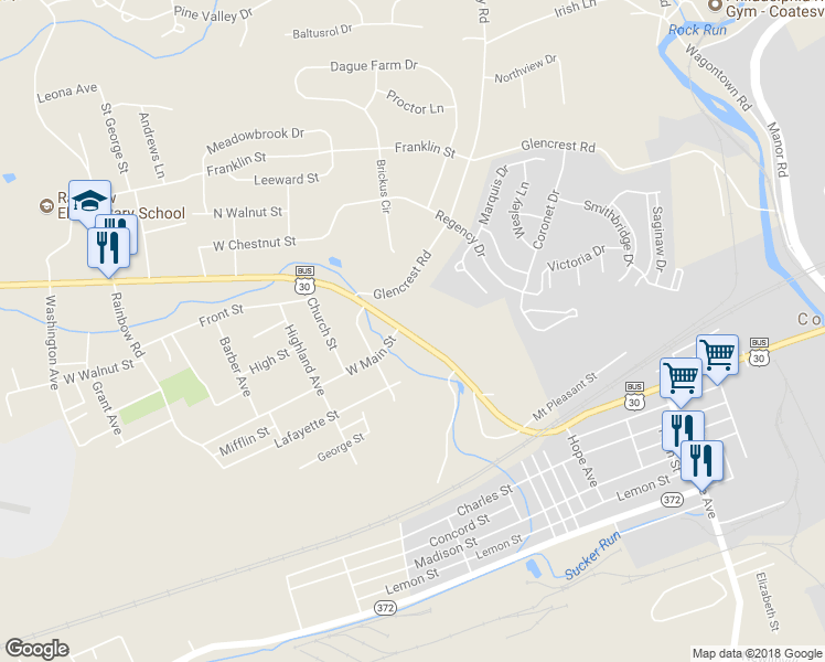 map of restaurants, bars, coffee shops, grocery stores, and more near 747 West Lincoln Highway in Coatesville