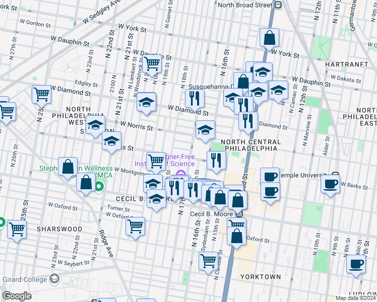 map of restaurants, bars, coffee shops, grocery stores, and more near 1916 North 17th Street in Philadelphia