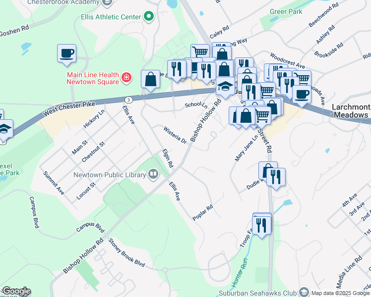 map of restaurants, bars, coffee shops, grocery stores, and more near 119 Bishop Hollow Road in Newtown Square