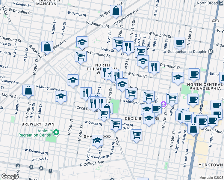 map of restaurants, bars, coffee shops, grocery stores, and more near 1835 North 22nd Street in Philadelphia