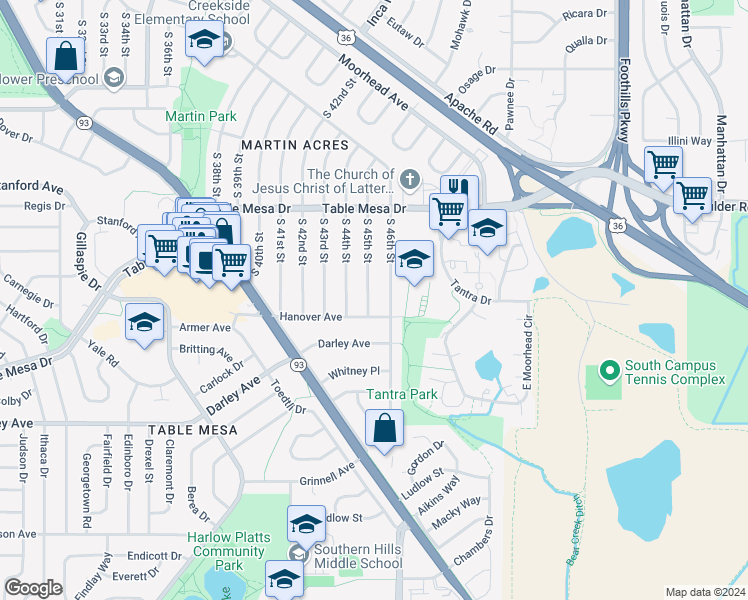 map of restaurants, bars, coffee shops, grocery stores, and more near 755 South 45th Street in Boulder