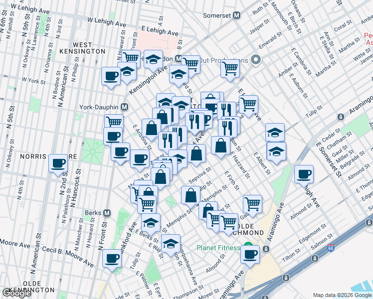 map of restaurants, bars, coffee shops, grocery stores, and more near 2133 East Letterly Street in Philadelphia