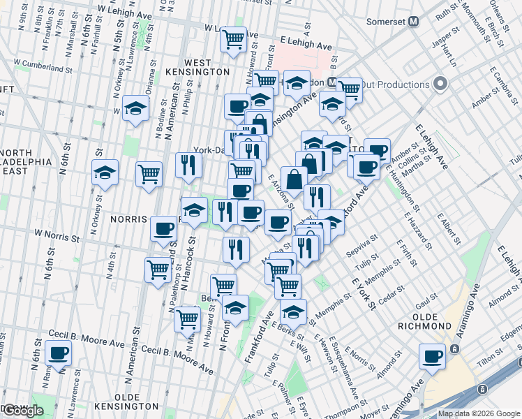 map of restaurants, bars, coffee shops, grocery stores, and more near in Philadelphia