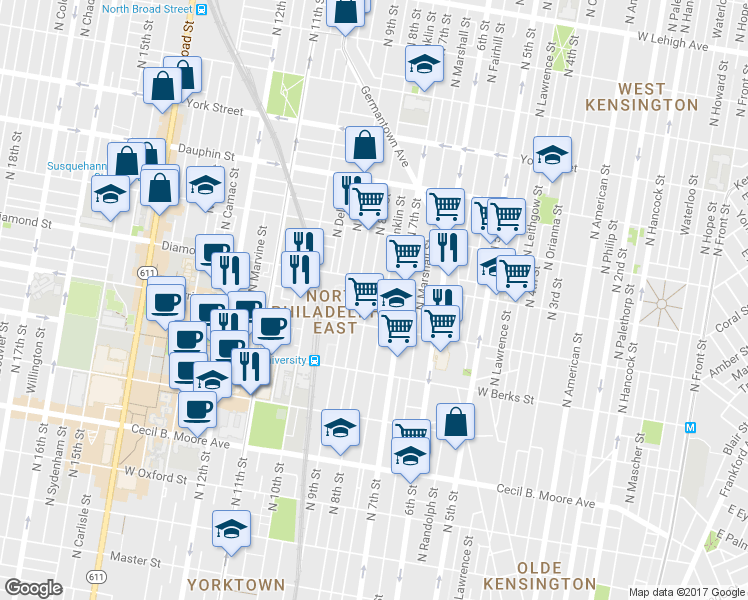 map of restaurants, bars, coffee shops, grocery stores, and more near 2037 North 8th Street in Philadelphia