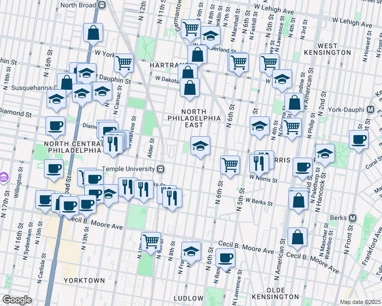map of restaurants, bars, coffee shops, grocery stores, and more near 2037 North 8th Street in Philadelphia