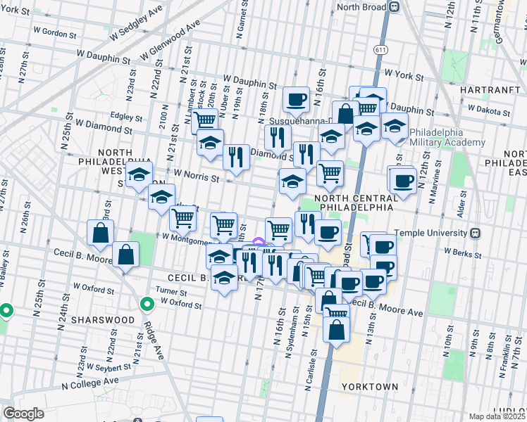 map of restaurants, bars, coffee shops, grocery stores, and more near in Philadelphia