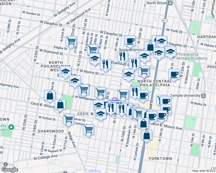 map of restaurants, bars, coffee shops, grocery stores, and more near 1849 North 18th Street in Philadelphia