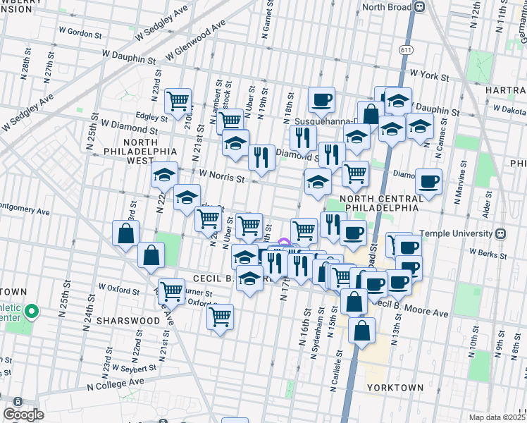 map of restaurants, bars, coffee shops, grocery stores, and more near 1801 West Berks Street in Philadelphia
