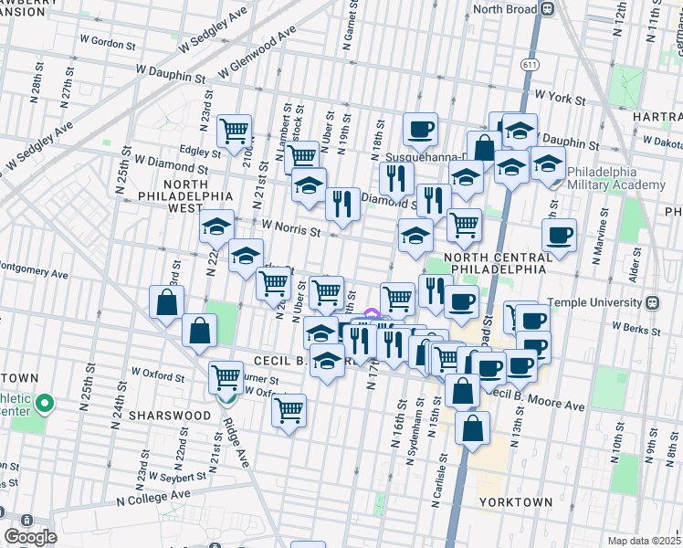 map of restaurants, bars, coffee shops, grocery stores, and more near 1849 North 18th Street in Philadelphia