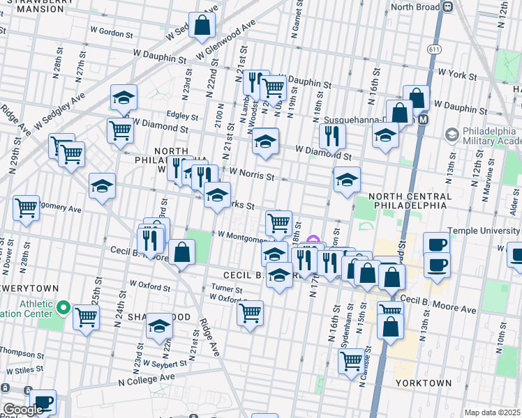 map of restaurants, bars, coffee shops, grocery stores, and more near 1860 North Uber Street in Philadelphia