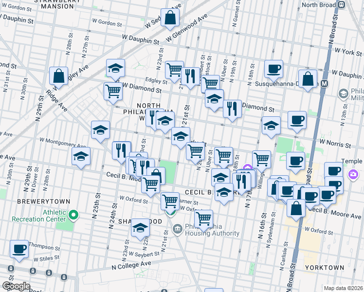 map of restaurants, bars, coffee shops, grocery stores, and more near in Philadelphia