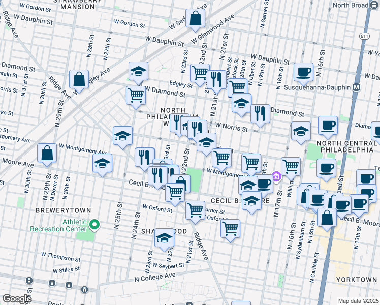 map of restaurants, bars, coffee shops, grocery stores, and more near 1835 North 22nd Street in Philadelphia