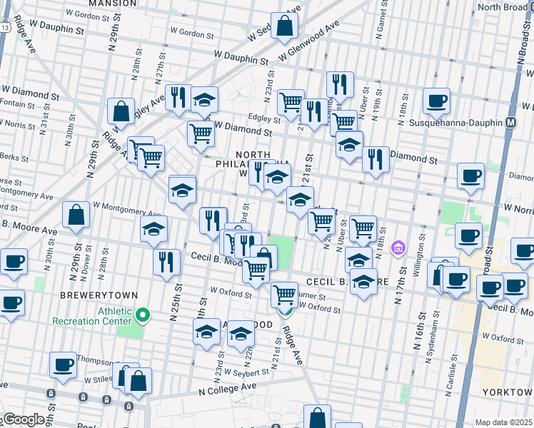 map of restaurants, bars, coffee shops, grocery stores, and more near 1821 North Croskey Street in Philadelphia