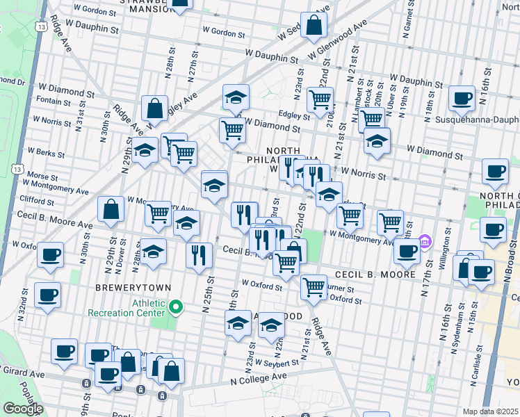 map of restaurants, bars, coffee shops, grocery stores, and more near 1825 North Bucknell Street in Philadelphia