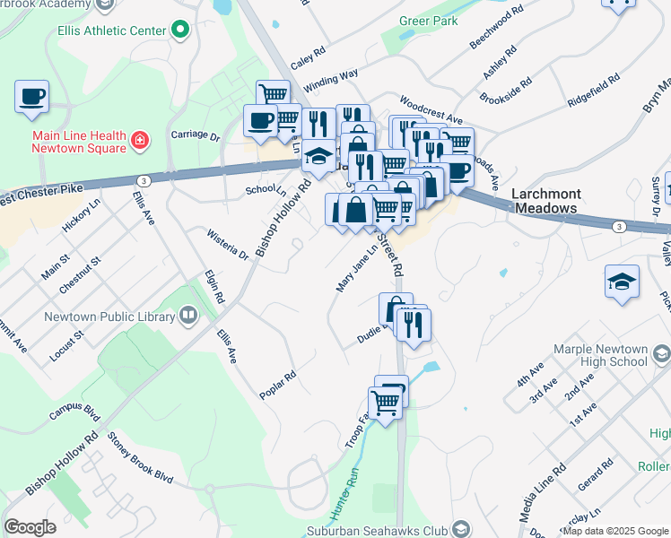 map of restaurants, bars, coffee shops, grocery stores, and more near 25 Mary Jane Lane in Newtown Square