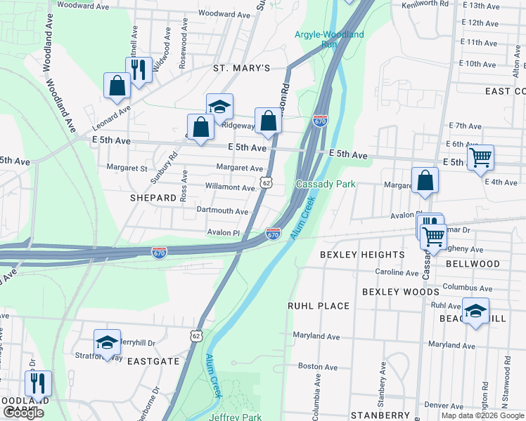 map of restaurants, bars, coffee shops, grocery stores, and more near in Columbus