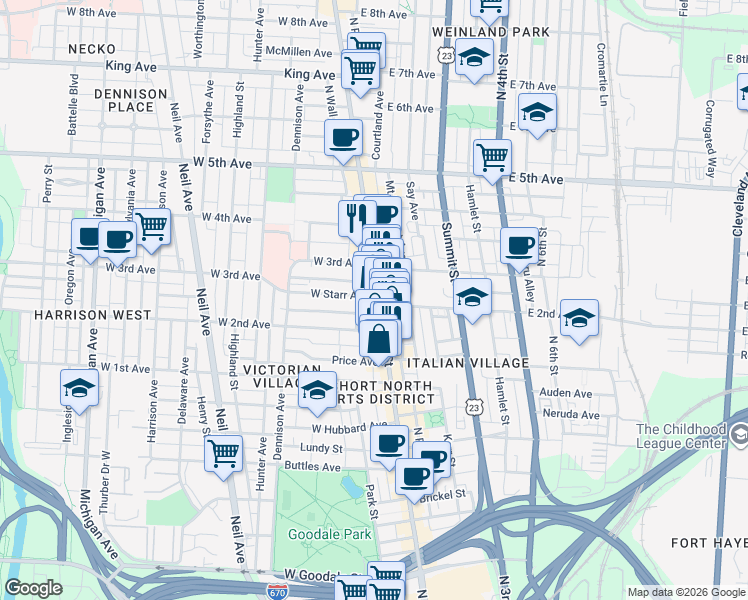 map of restaurants, bars, coffee shops, grocery stores, and more near 987 North High Street in Columbus