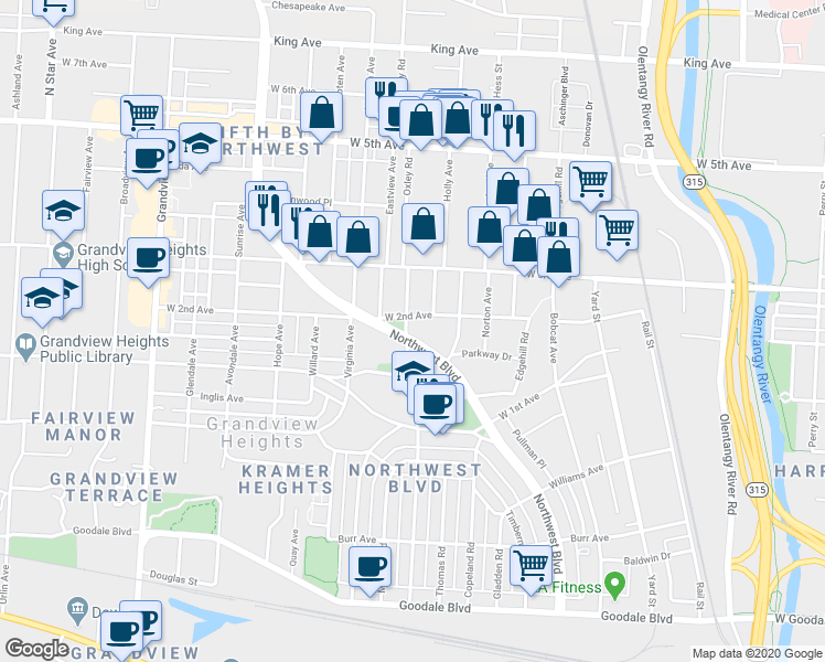 map of restaurants, bars, coffee shops, grocery stores, and more near 1161 Northwest Boulevard in Grandview Heights