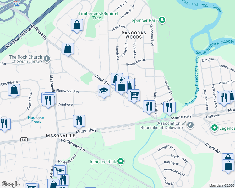 map of restaurants, bars, coffee shops, grocery stores, and more near 141 Creek Road in Mount Laurel Township