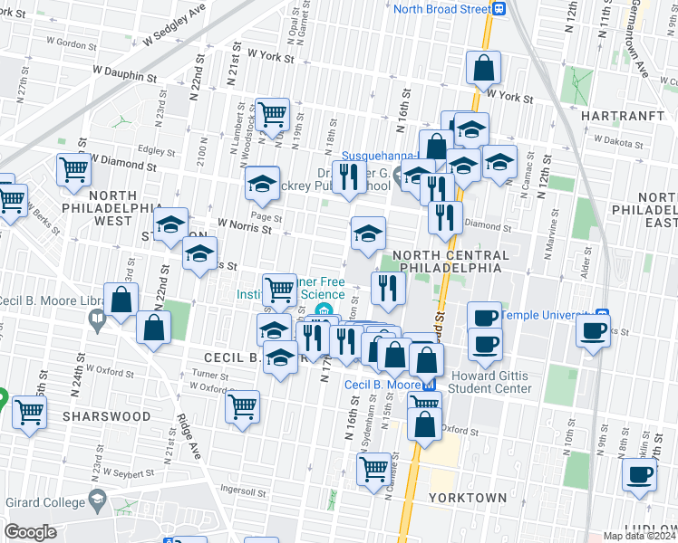 map of restaurants, bars, coffee shops, grocery stores, and more near 1914 North 17th Street in Philadelphia