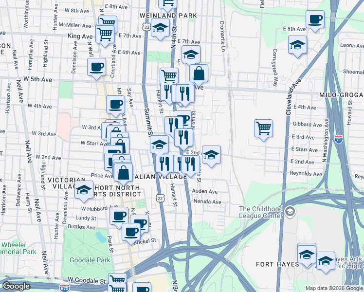 map of restaurants, bars, coffee shops, grocery stores, and more near 966 North 4th Street in Columbus