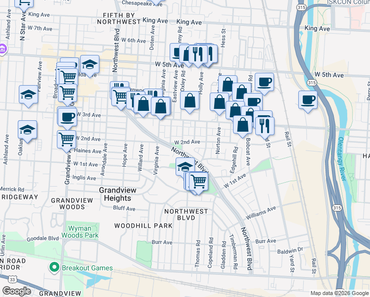 map of restaurants, bars, coffee shops, grocery stores, and more near 1164 Northwest Boulevard in Columbus