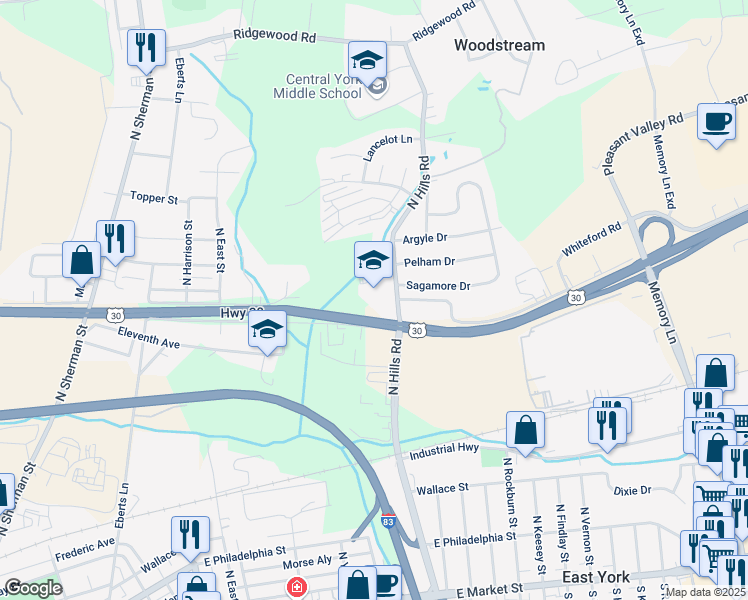 map of restaurants, bars, coffee shops, grocery stores, and more near 1330 North Hills Road in York