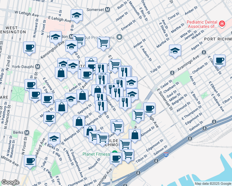 map of restaurants, bars, coffee shops, grocery stores, and more near 2218 East Albert Street in Philadelphia