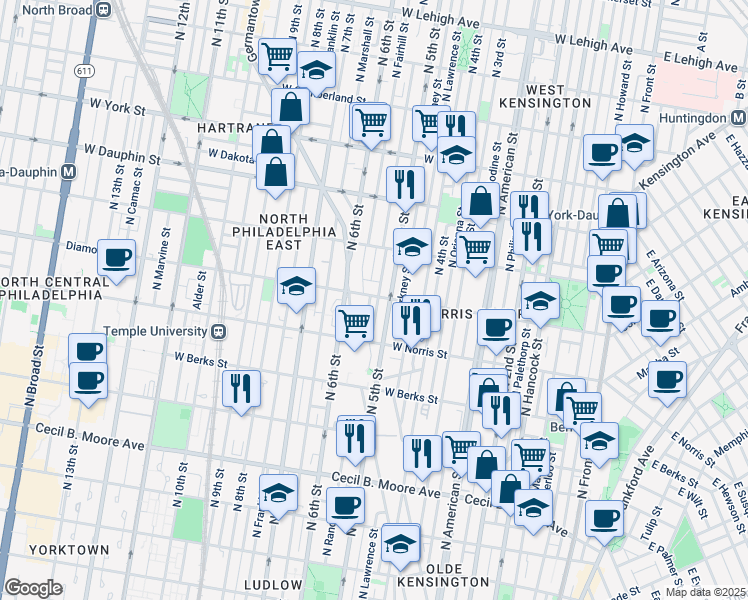 map of restaurants, bars, coffee shops, grocery stores, and more near 2053 North Randolph Street in Philadelphia