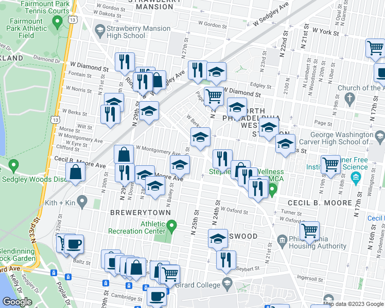 map of restaurants, bars, coffee shops, grocery stores, and more near 2537 West Montgomery Avenue in Philadelphia