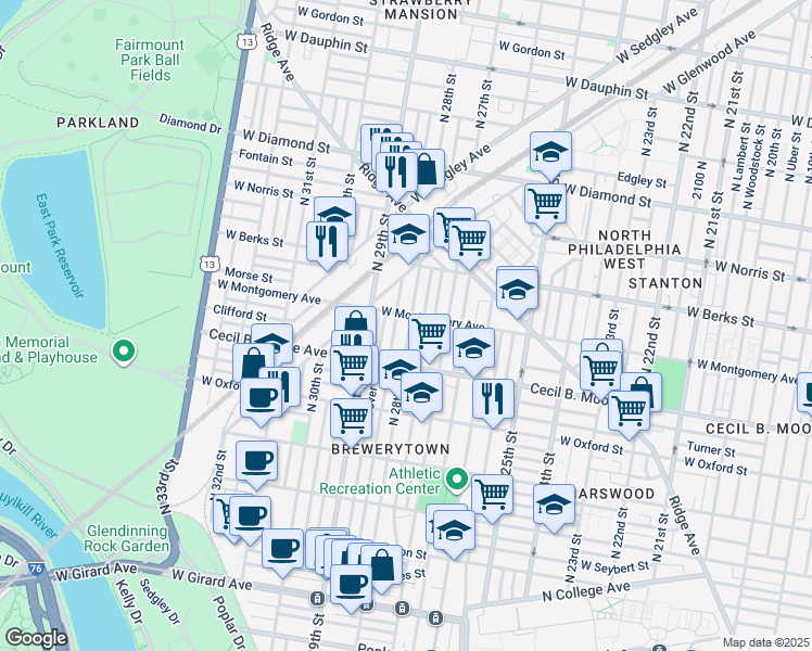 map of restaurants, bars, coffee shops, grocery stores, and more near 1764 North 28th Street in Philadelphia