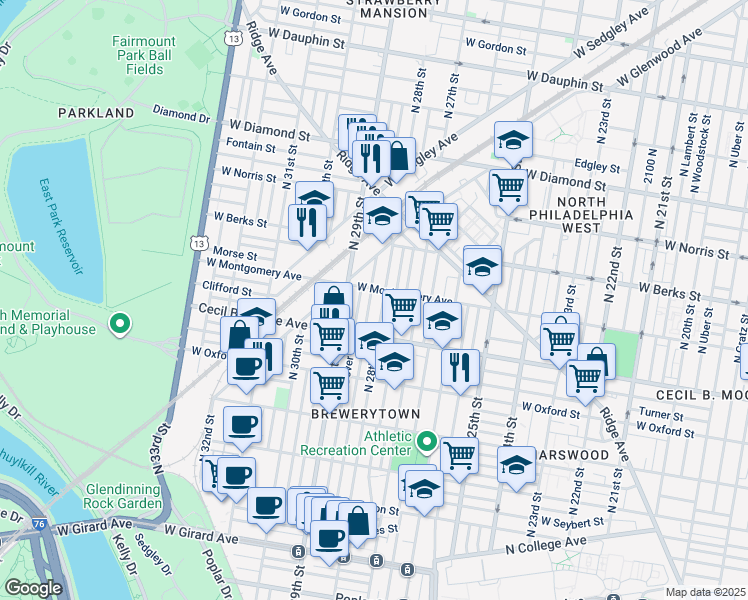 map of restaurants, bars, coffee shops, grocery stores, and more near 1757 North Newkirk Street in Philadelphia