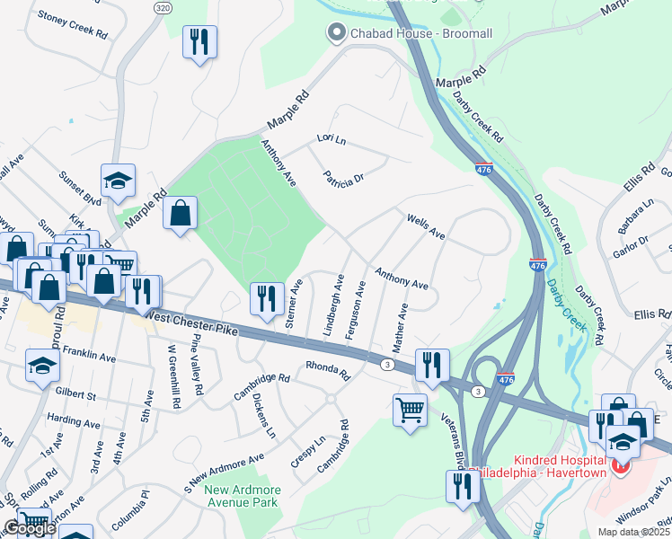 map of restaurants, bars, coffee shops, grocery stores, and more near 64 Lindbergh Avenue in Broomall
