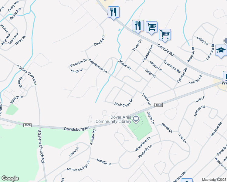 map of restaurants, bars, coffee shops, grocery stores, and more near 2630 Wyngate Road in Dover