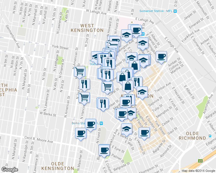 map of restaurants, bars, coffee shops, grocery stores, and more near 2024 East Susquehanna Avenue in Philadelphia