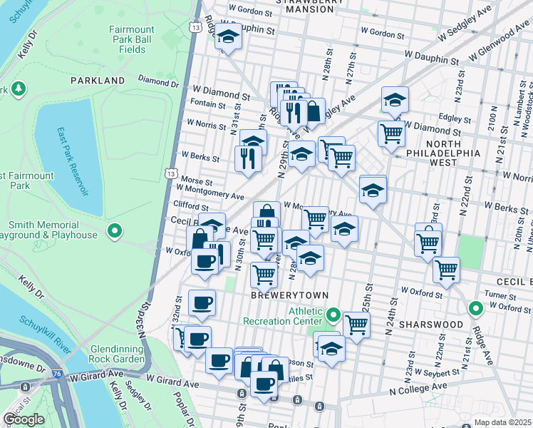 map of restaurants, bars, coffee shops, grocery stores, and more near 1745 North Hollywood Street in Philadelphia