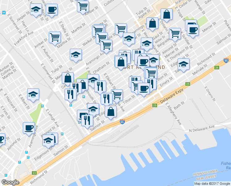 map of restaurants, bars, coffee shops, grocery stores, and more near 3007 Mercer Street in Philadelphia