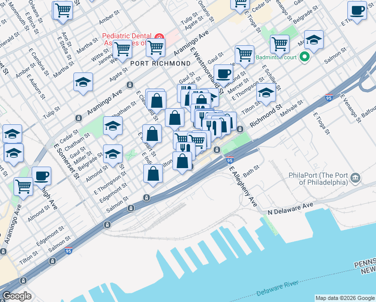 map of restaurants, bars, coffee shops, grocery stores, and more near 3125 Tilton Street in Philadelphia