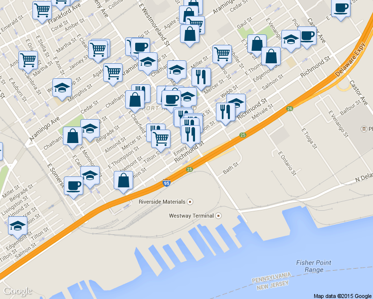 map of restaurants, bars, coffee shops, grocery stores, and more near 3164 Richmond Street in Philadelphia
