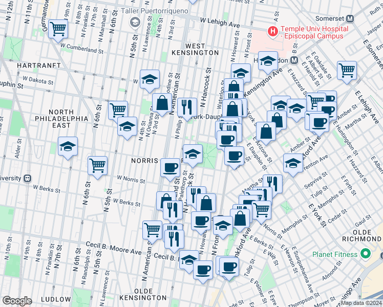 map of restaurants, bars, coffee shops, grocery stores, and more near 2124 North Hancock Street in Philadelphia