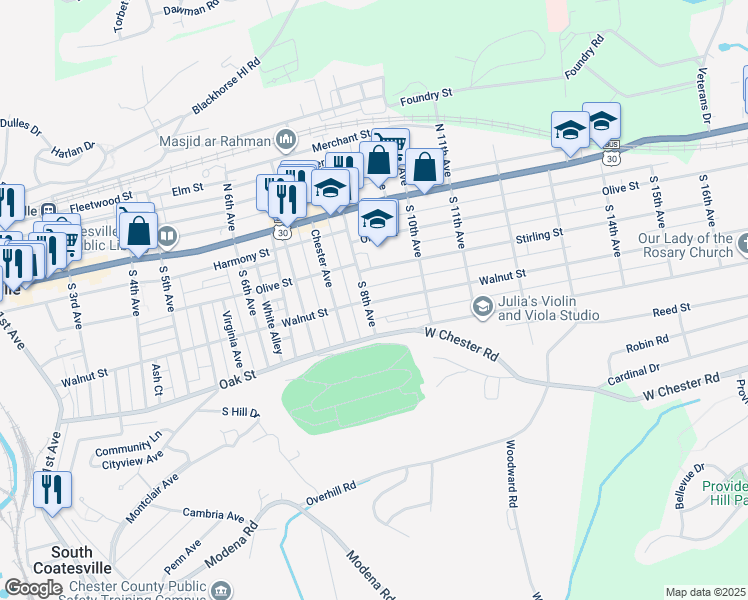 map of restaurants, bars, coffee shops, grocery stores, and more near 87 South 8th Avenue in Coatesville