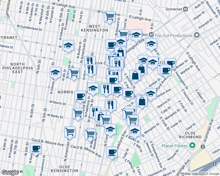 map of restaurants, bars, coffee shops, grocery stores, and more near 2138 Hope Street in Philadelphia