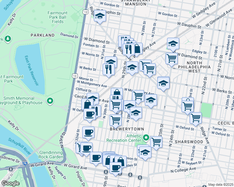 map of restaurants, bars, coffee shops, grocery stores, and more near 1745 North Hollywood Street in Philadelphia
