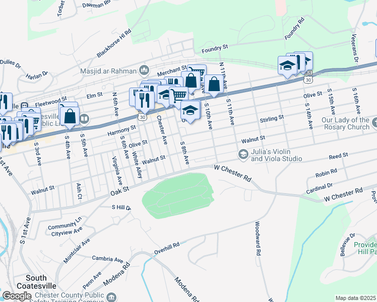 map of restaurants, bars, coffee shops, grocery stores, and more near 87 South 8th Avenue in Coatesville