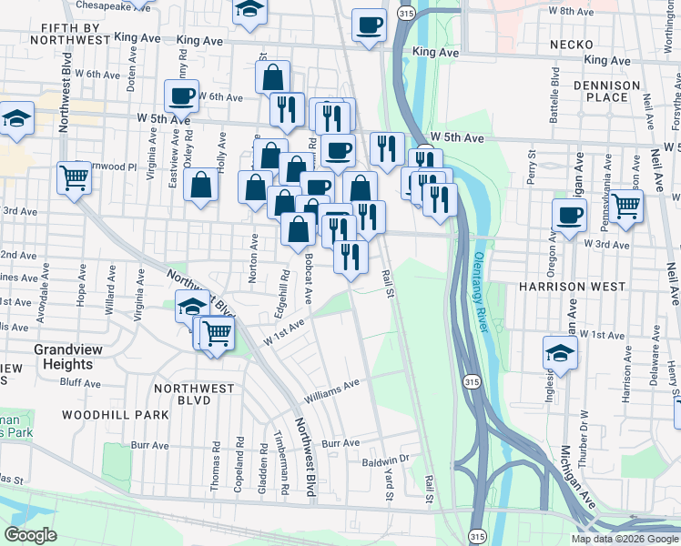 map of restaurants, bars, coffee shops, grocery stores, and more near 1080 Yard Street in Grandview Heights